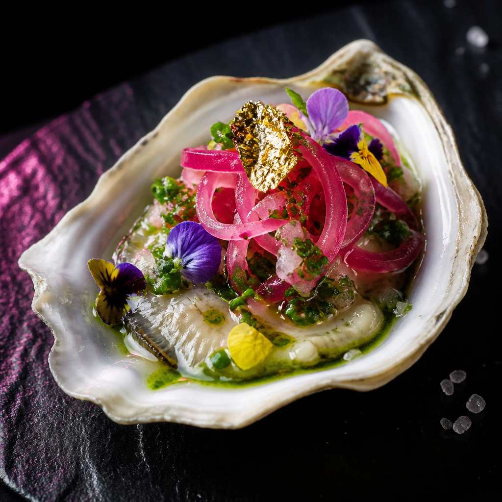 Oester met opvallende wisselende Oestertrut-topping