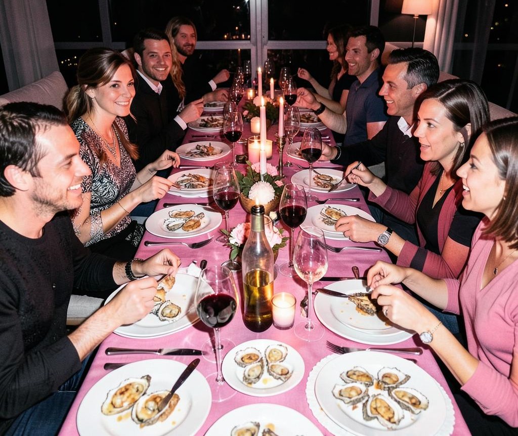 Gedekte tafel met gasten en oesters tijdens een diner